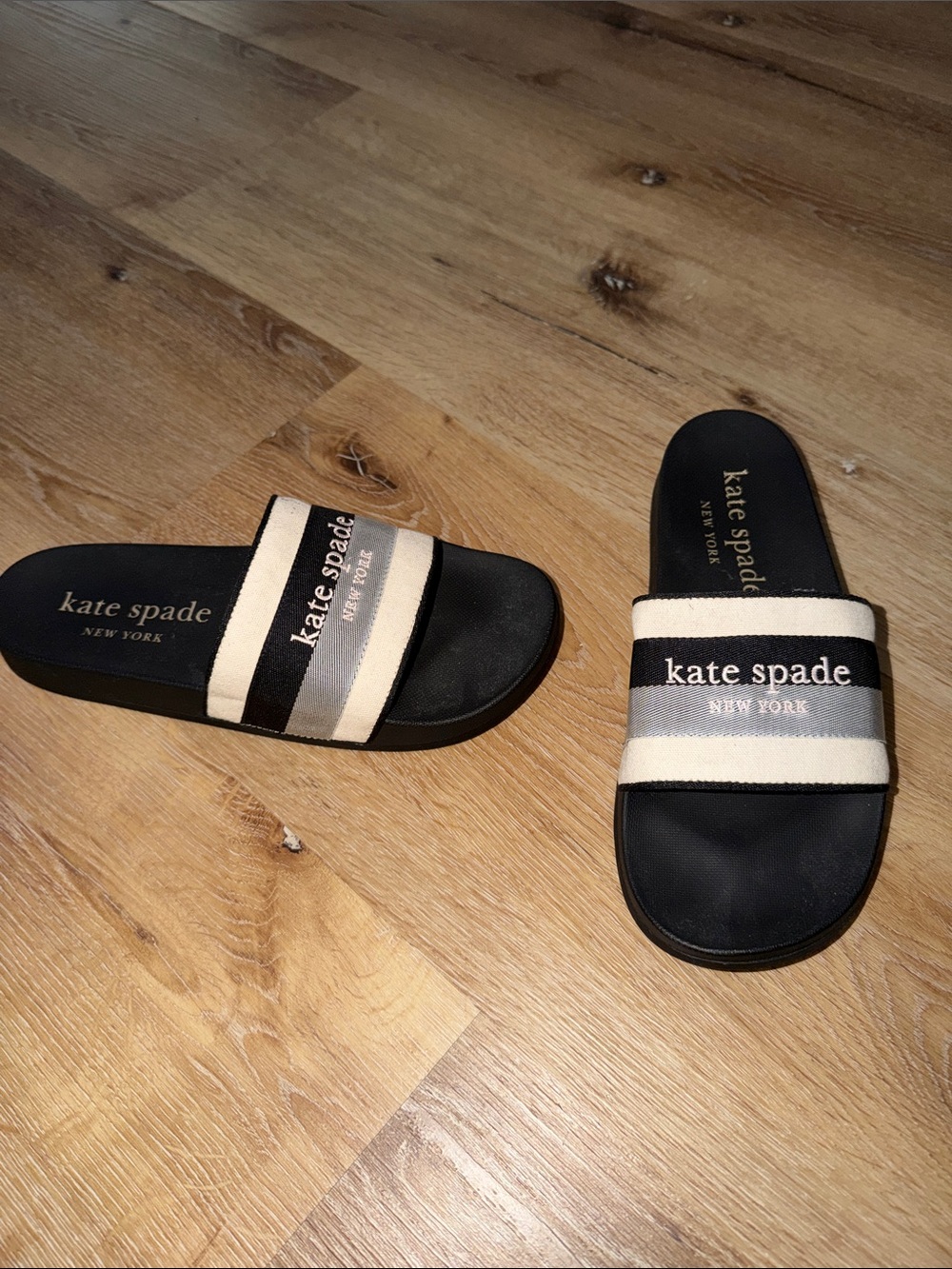 kate spade “Buttercup” Black, Cream & Gray Stripe Slide Sandals